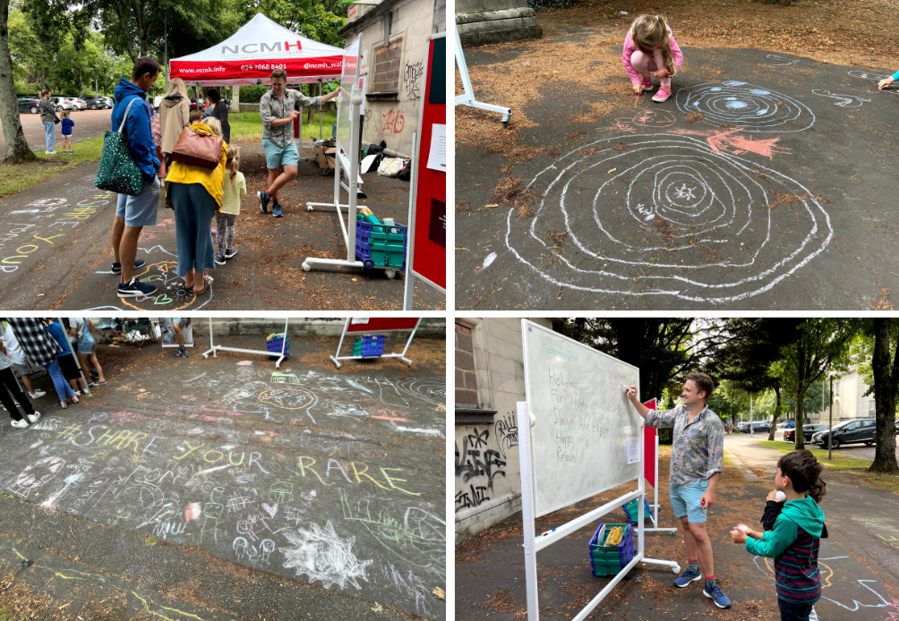 Four photos from the Subatomic Circus of Sam Chawner writing poetry with children and families on a big whiteboard and children drawing on the pavement using chalk