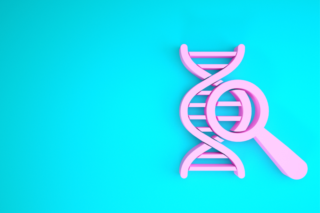 graphic of a pink magnifying glass over a pink strand of dna